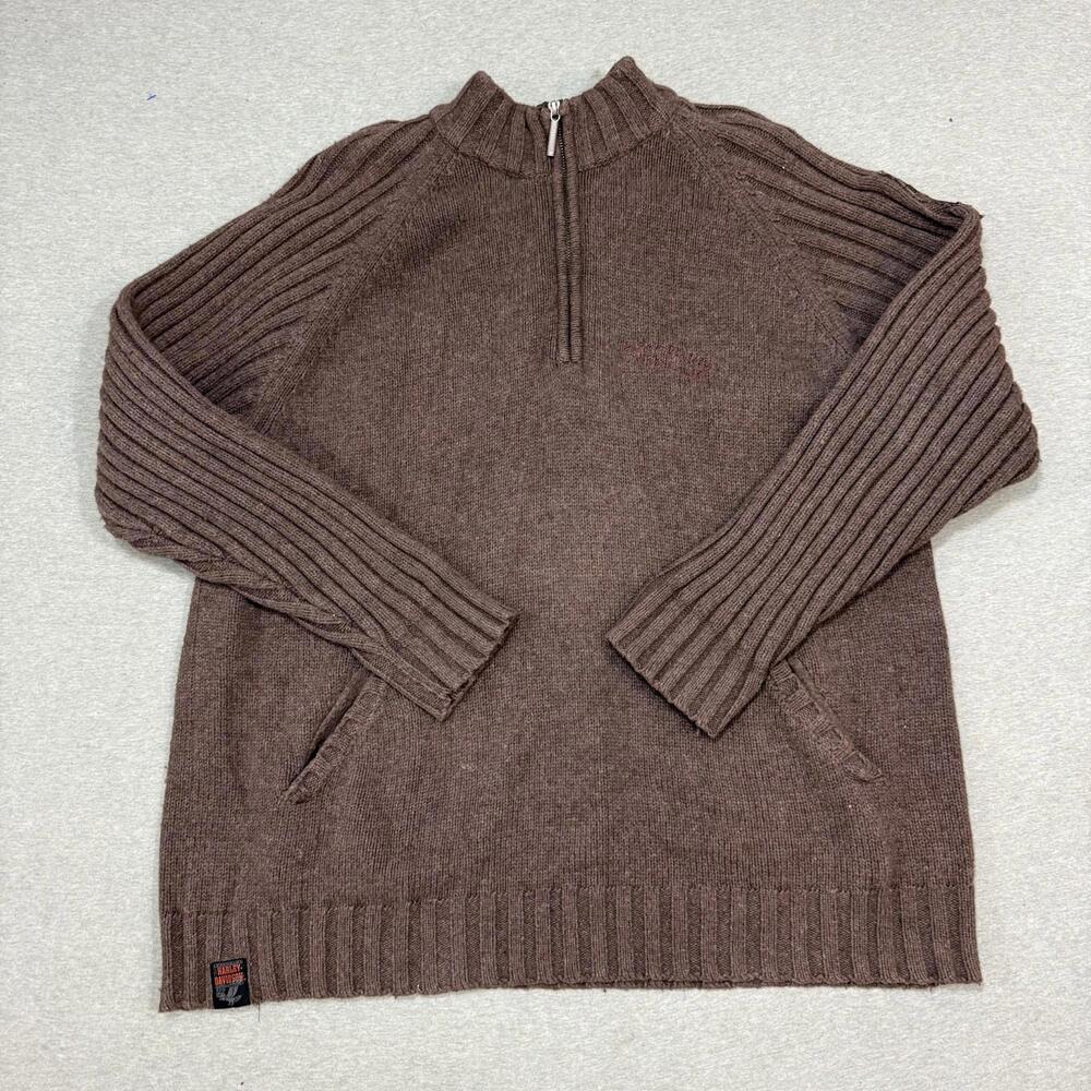 Harley Davidson Brown Quarter Zip Knit Sweater Men’s‎ 2XL Bikercore